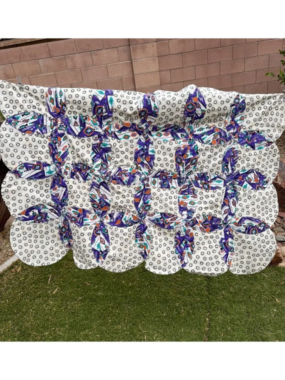 Vintage Handmade Reversible Lap Quilt Southwestern Puff Purple Biscuit 35 x 51